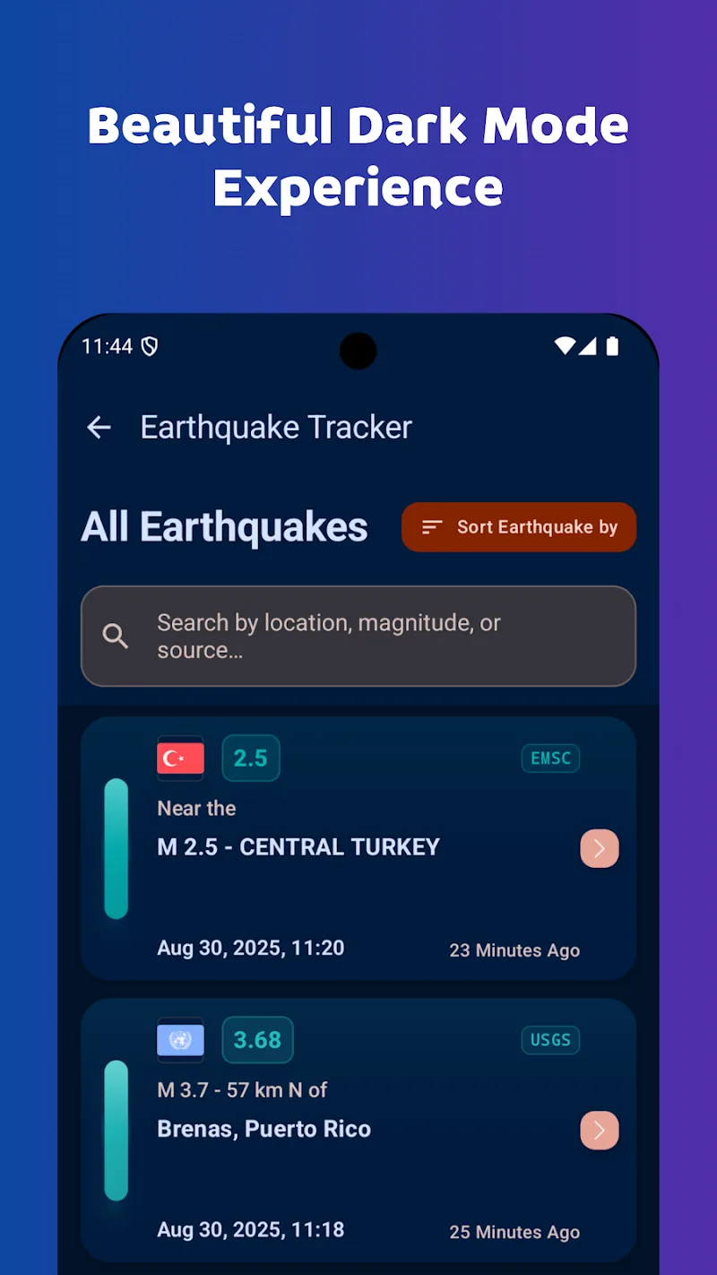 Captura de tela da visão geral dos recursos do Earthquake Tracker