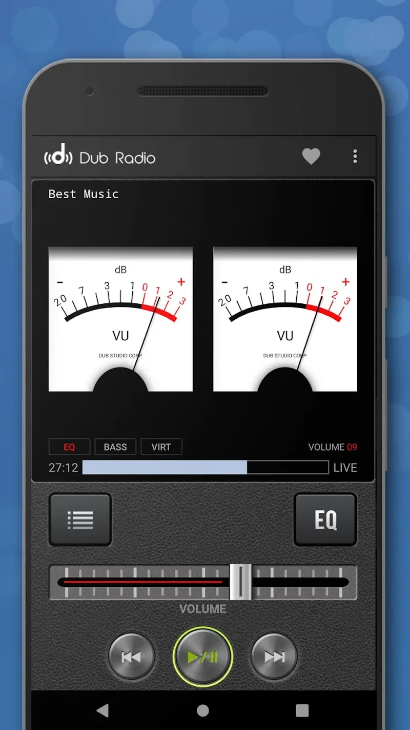 Screen capture of the Dub Internet Radio FM AM app's FM AM interface