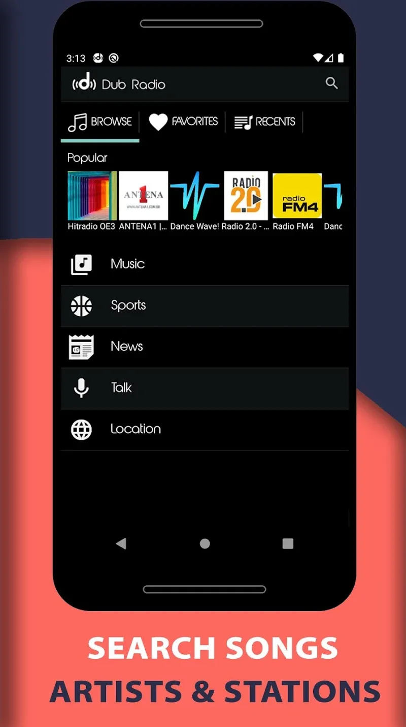 Screen capture showcasing the Dub Internet Radio FM AM application