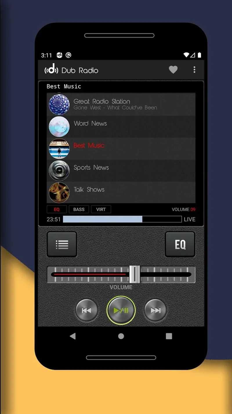 Display of the Dub Internet Radio FM AM app's interface