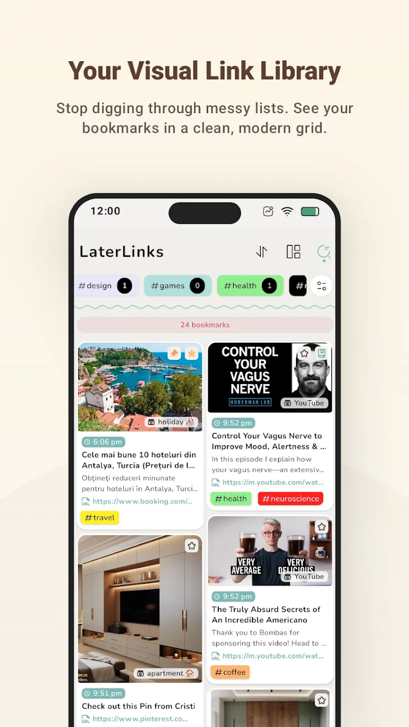 Capture d'écran de LaterLinks montrant l'écran d'accueil