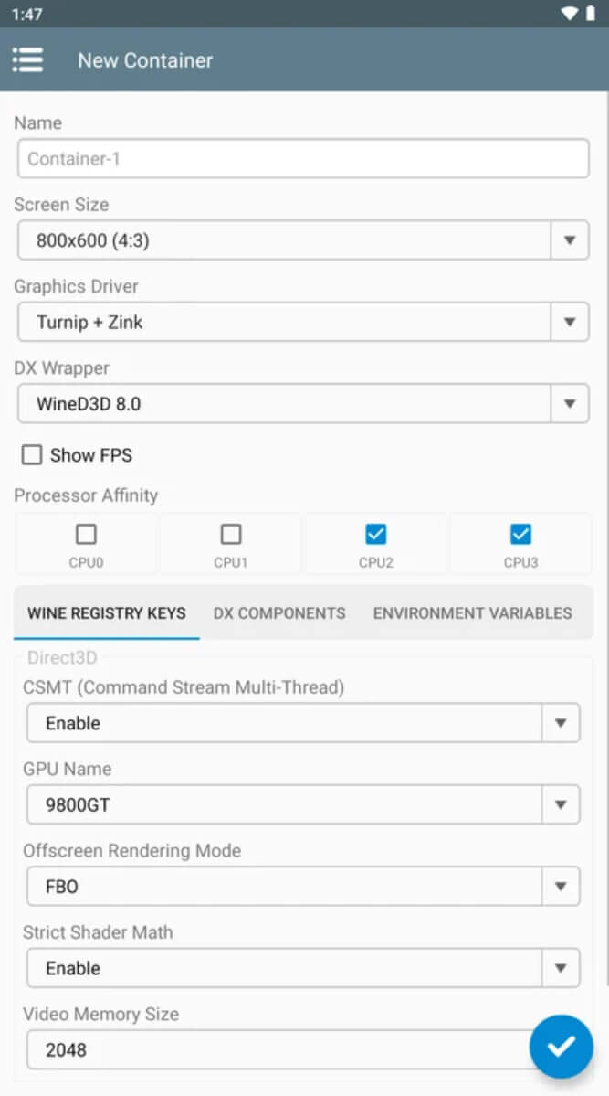 Captura de tela das configurações do Winlator 4