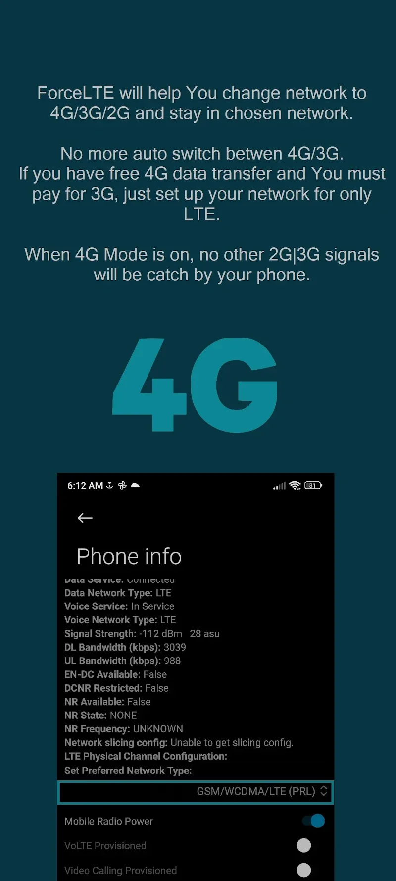 ตัวอย่างแอป Force LTE Only 4